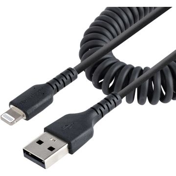 StarTech.com 1m USB A naar Lightning Kabel, Zwart, MFi Gecertificeerd, iPhone Lader Spiraalkabel, Duurzame Aramidevezels, Robuuste USB Lightning Laadkabel (RUSB2ALT1MBC) - Lightning-kabel
