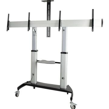 StarTech.com Dual TV Cart for 37-60in VESA TVs up to 110lb (50kg) each, Height Adjustable TV Mount, Mobile Display Cart w Webcam & Equipment Shelves, Lockable Casters, TV Cart on Wheels - Rolling TV Stand (STNDMTVDUO)