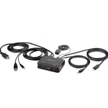 StarTech.com 2-Port Hybrid USB-C HDMI Cable KVM Switch, 4K 60Hz, Compact KVM with 6ft1.8m USB-AHDMIAudio & 4ft1.2m USB-C Integrated Host Cables, Bus Powered - Remote Push ButtonHotkey Switching (C2-H46-UAC-CBL-KVM)