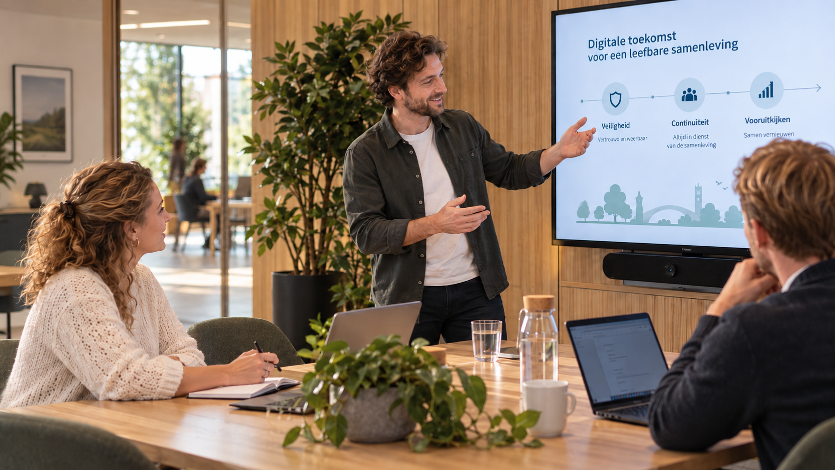 IT-manager presenteert plannen voor de digitale toekomst op een groot scherm tijdens een overleg