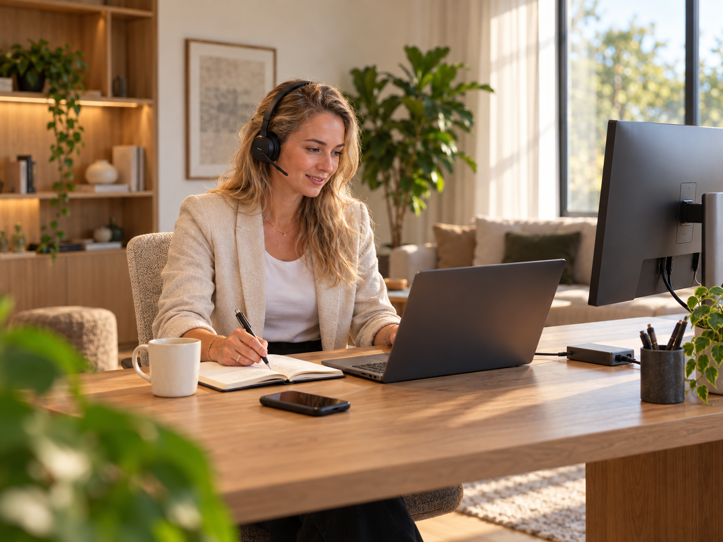 Consultant met headset werkt thuis achter haar laptop en maakt notities