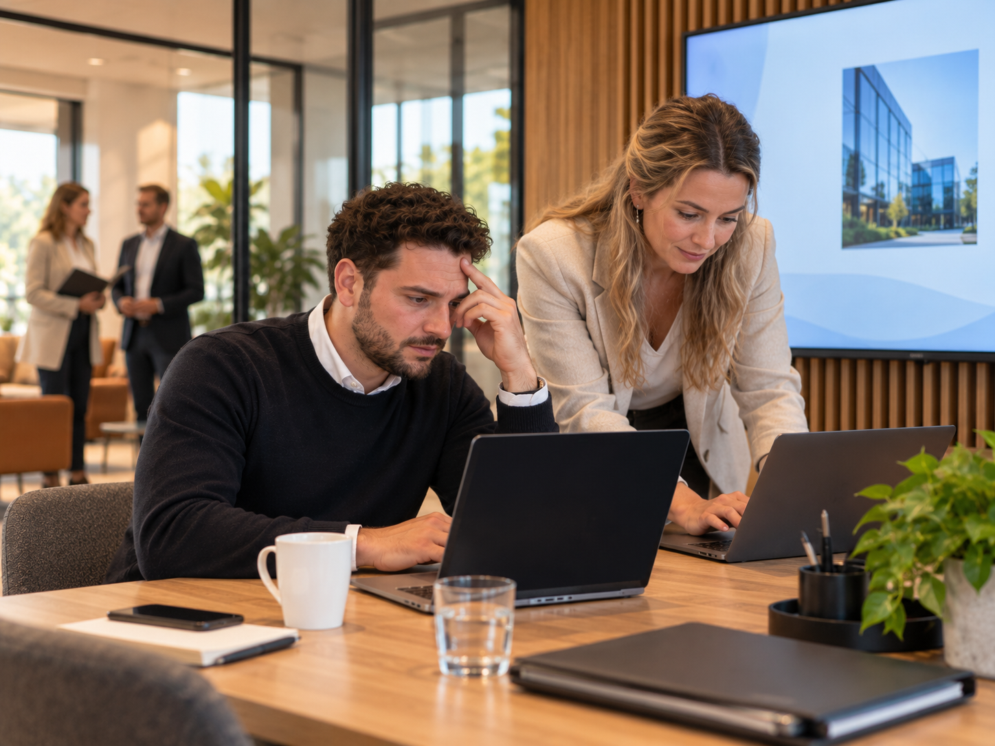 Medewerker kijkt bezorgd naar zijn laptop terwijl een collega meehelpt